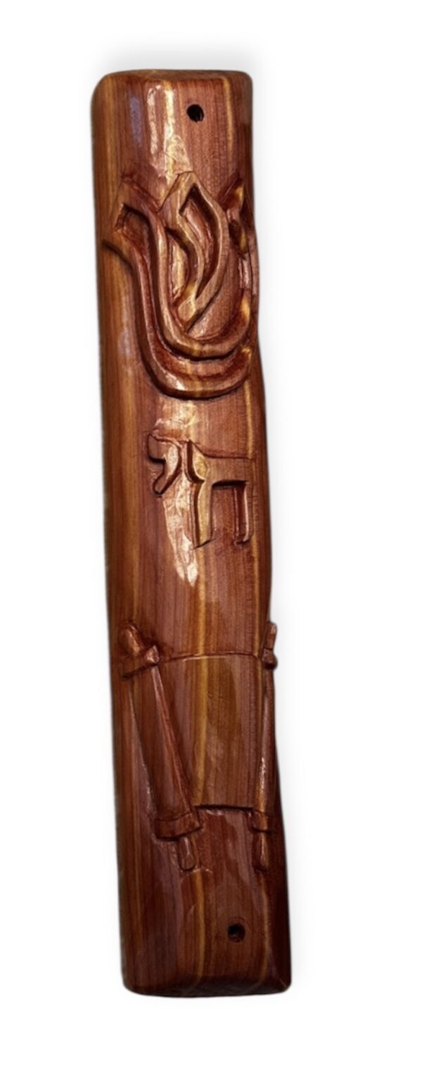 Carved Mezuza in Aromatic Cedar Wood (Hi Tora Scroll)